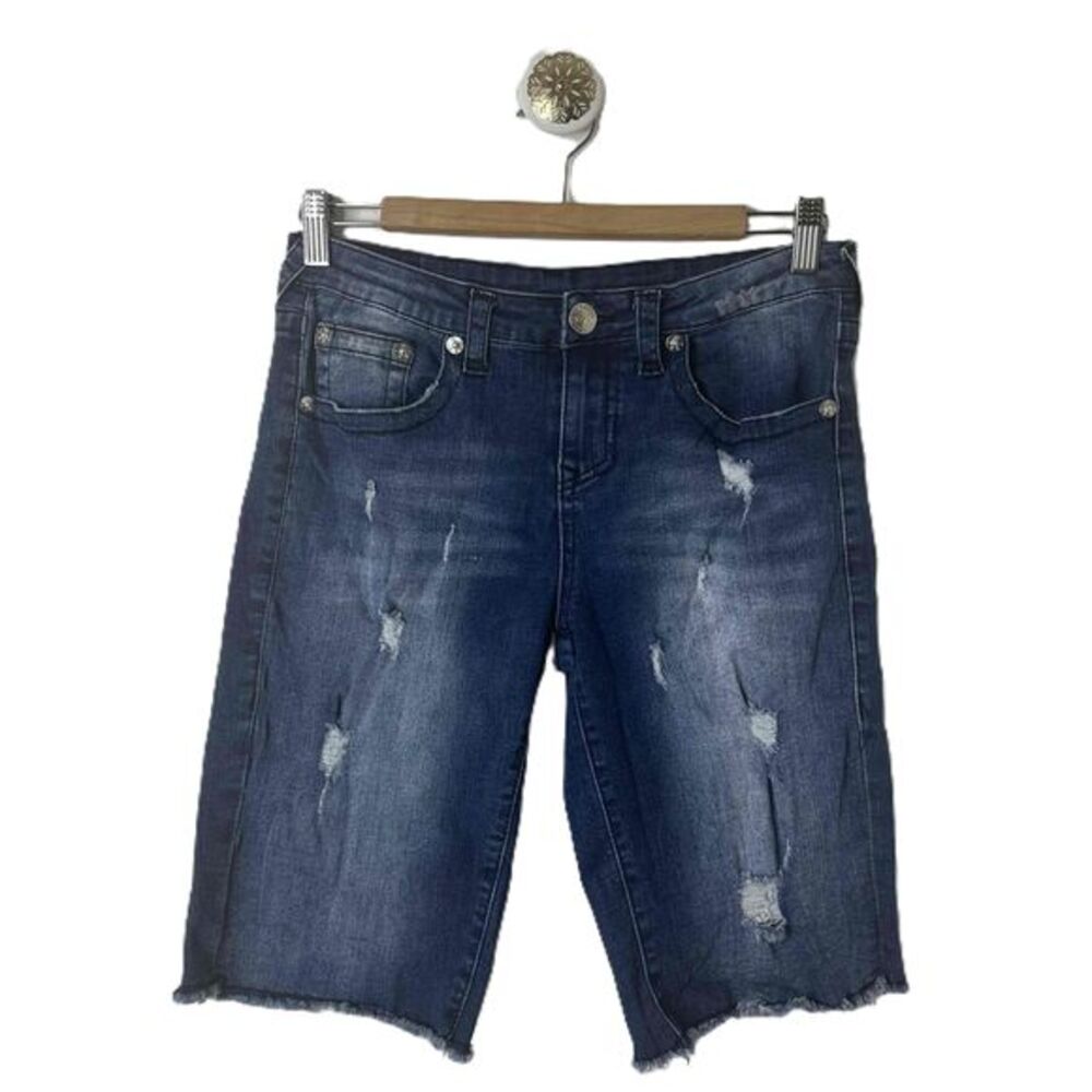 True Religion Shorts Yourh Size 16 Blue Distressed Frayed Hem